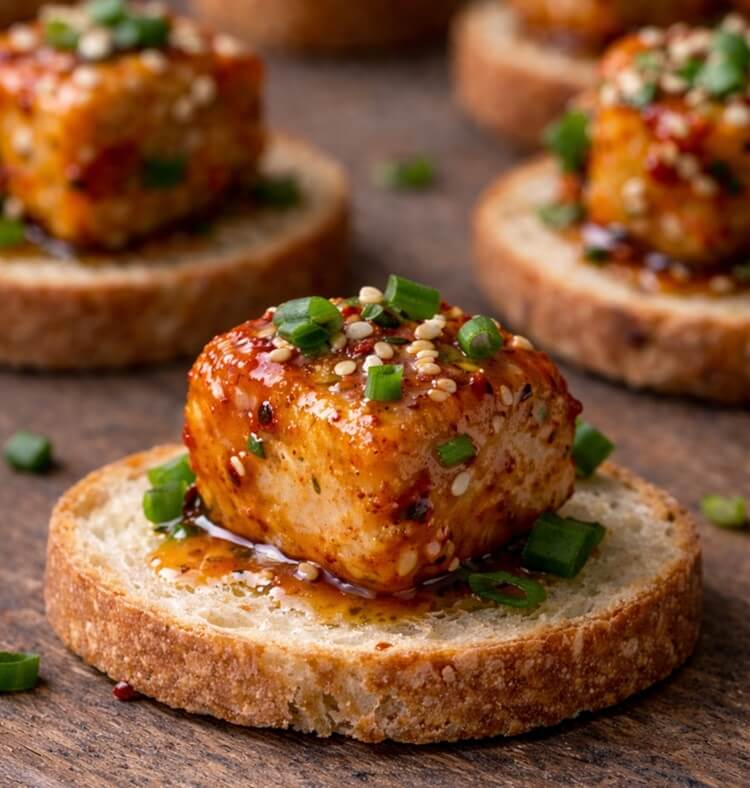 Glazed chicken on a curried canape