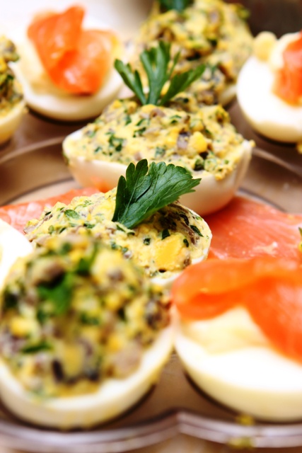 stuffed eggs with pesto and salmon