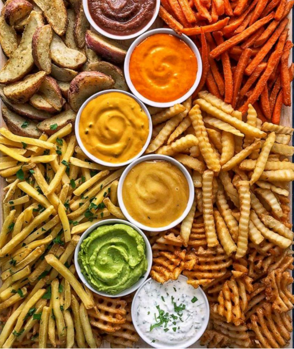 Fried Potato Board with crinkle fries, waffle fries, shoestring fries, sweet potato fries and more Fried Potato Board with crinkle fries, waffle fries, shoestring fries, sweet potato fries and more