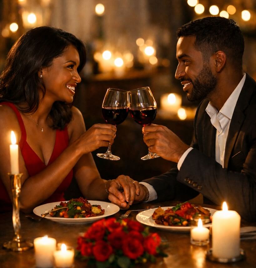 Couple toasting wine glasses celebrating a romantic occasion over dinner